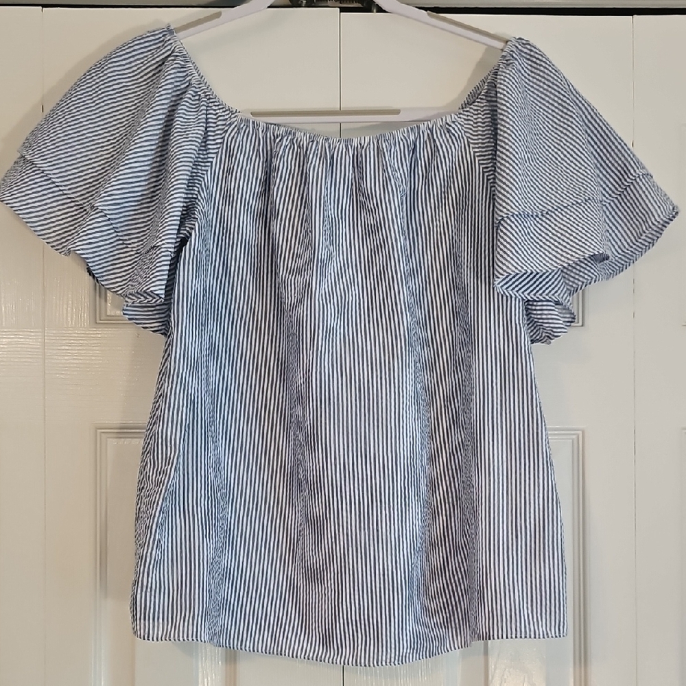TRUE LIGHT Blue and White Flutter Sleeve Blouse
